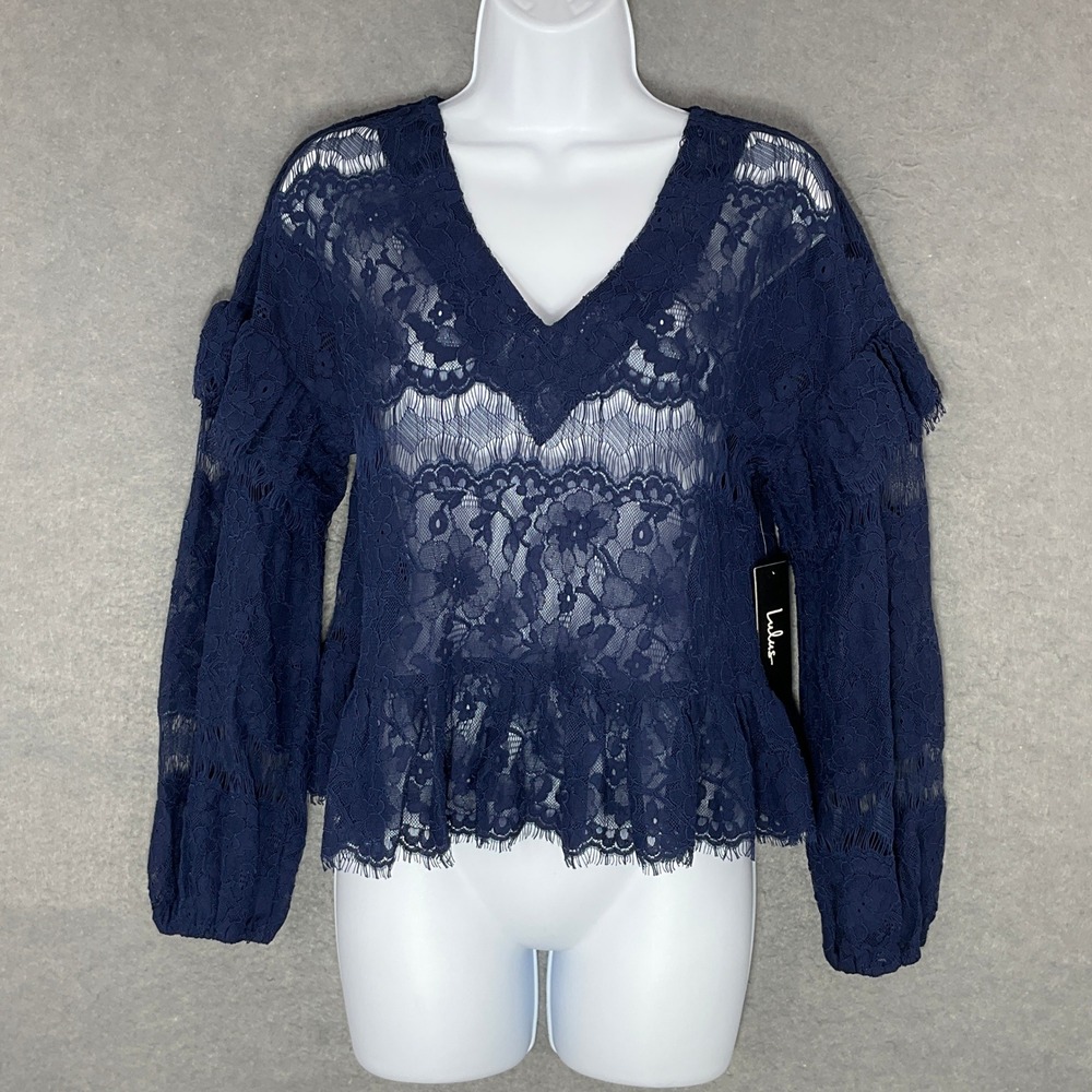 Lulus Top Women Sz S Navy Blue Lace Blouse Ruffle Sheer Romantic Party‎ Event